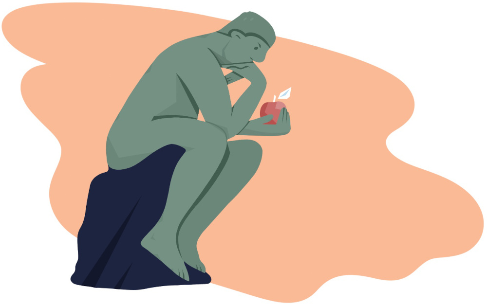 Illustration for thinking on education practices. In a parody of the thinking man statue, it sits atop a plinth holding an apple and considering it.